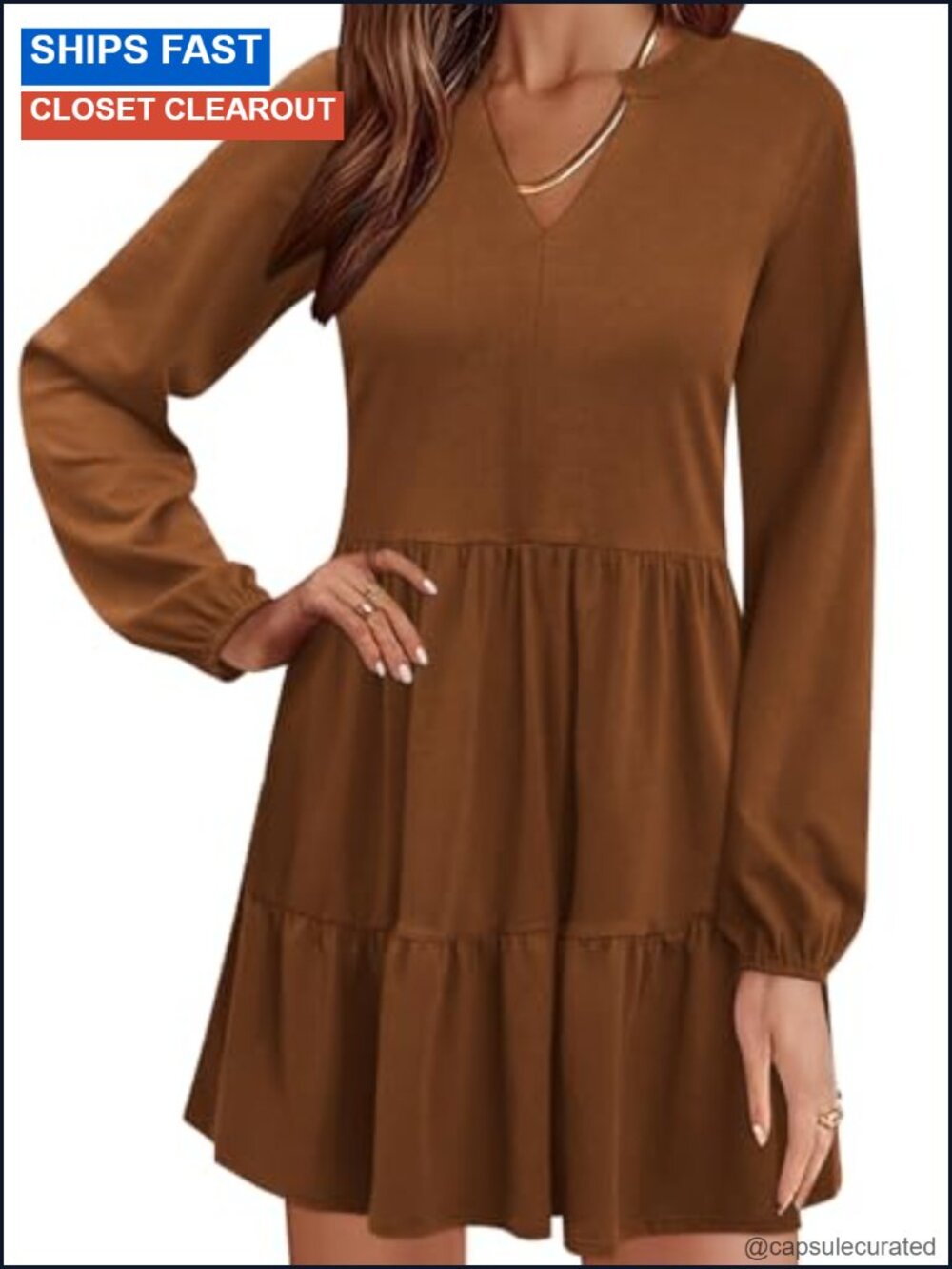 Womens Long Sleeve Tunic Dress with Pockets Polyester Casual Shift Dress